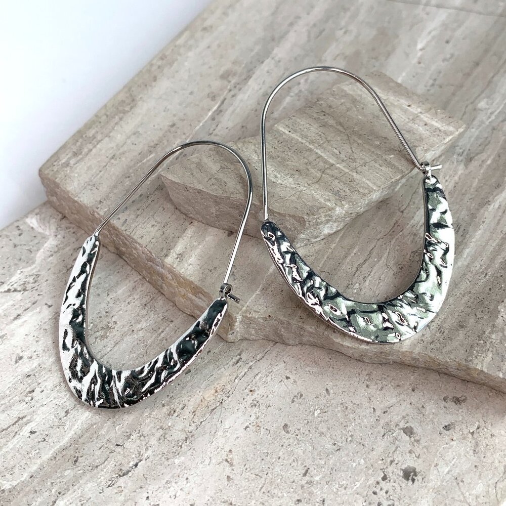 New ~ Anthropologie Flat Textured Silver Hoop Earrings